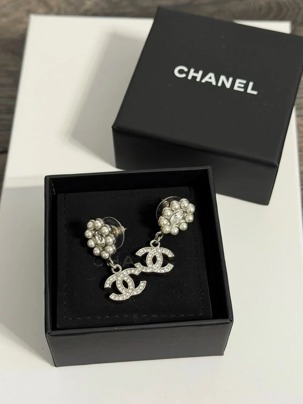 CHANEL Silver Pearl & Crystal CC Dangle Earrings